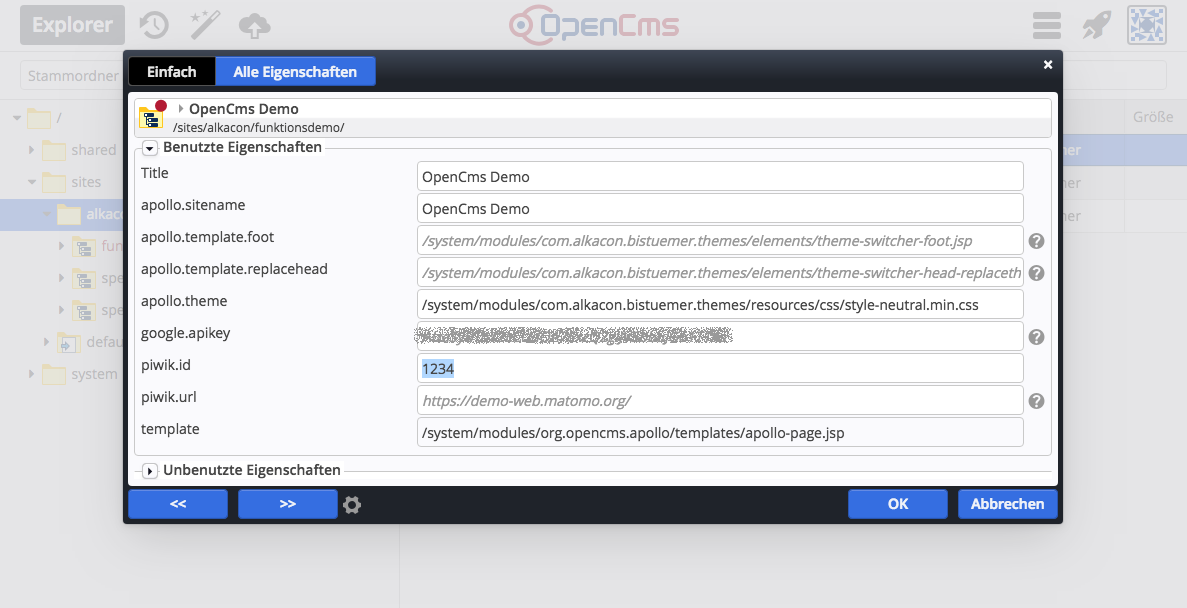 Setzten der Matomo/Piwik Eigenschaften piwik.url und piwik.id