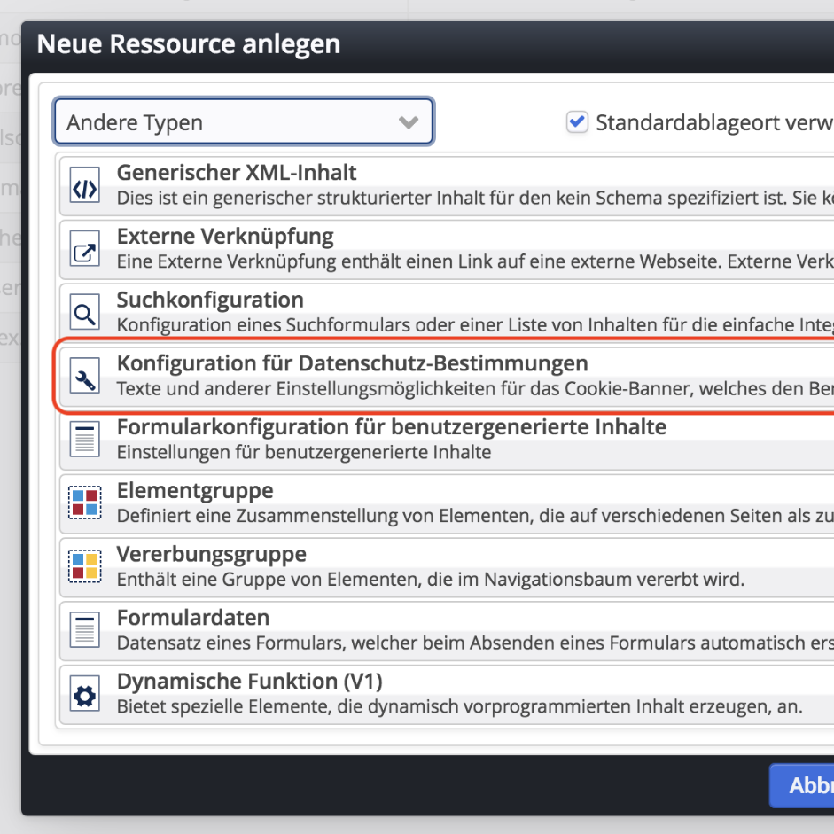 Erstellen eines Inhalts vom Typ Konfiguration für Datenschutz-Bestimmungen